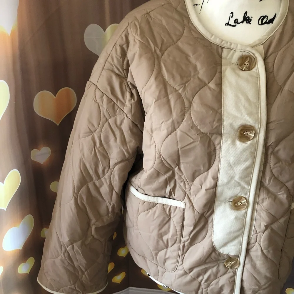 Coat jacket reversible cozy khaki beige tan pocket quilted puffer pocket women - Picture 14 of 15
